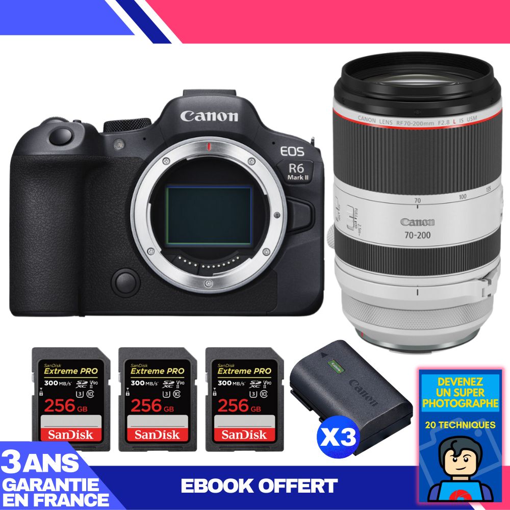 Canon EOS R6 Mark II + RF 70-200mm f/2.8 L IS USM Lens + 3 SanDisk 256GB Extreme PRO UHS-II SDXC Cards + 3 Canon LP-E6NH Batteries + 'Become a Super Photographer' Ebook