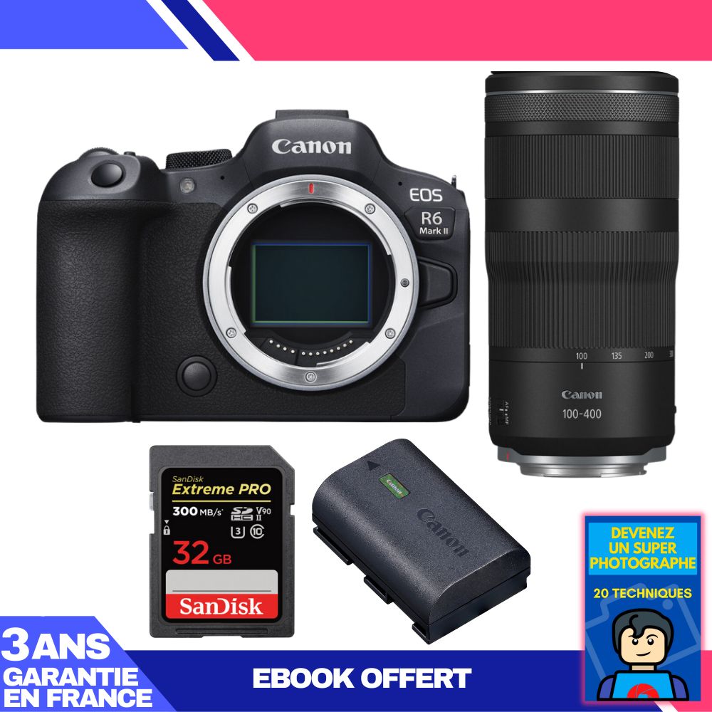 Canon EOS R6 Mark II + RF 100-400mm f/5.6-8 IS USM Lens + 2x SanDisk 32GB Extreme PRO UHS-II SDXC Memory Cards + Canon LP-E6NH Battery + 'Become a Super Photographer' Ebook