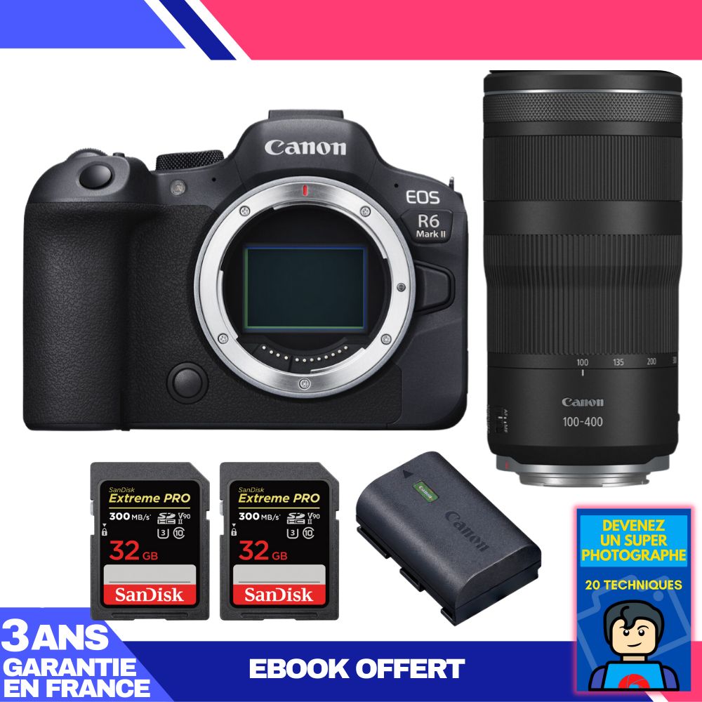 Canon EOS R6 Mark II + RF 100-400mm f/5.6-8 IS USM Lens + 2 SanDisk 32GB Extreme PRO UHS-II SDXC Cards + Canon LP-E6NH Battery + 'Become a Super Photographer' Ebook