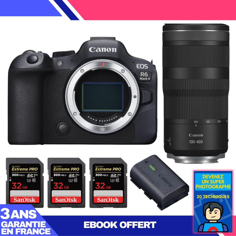 Canon EOS R6 Mark II Camera Kit with RF 100-400mm f/5.6-8 IS USM Lens + 3 SanDisk 32GB Extreme PRO UHS-II SDXC Cards + Canon LP-E6NH Battery + 'Become a Super Photographer' Ebook