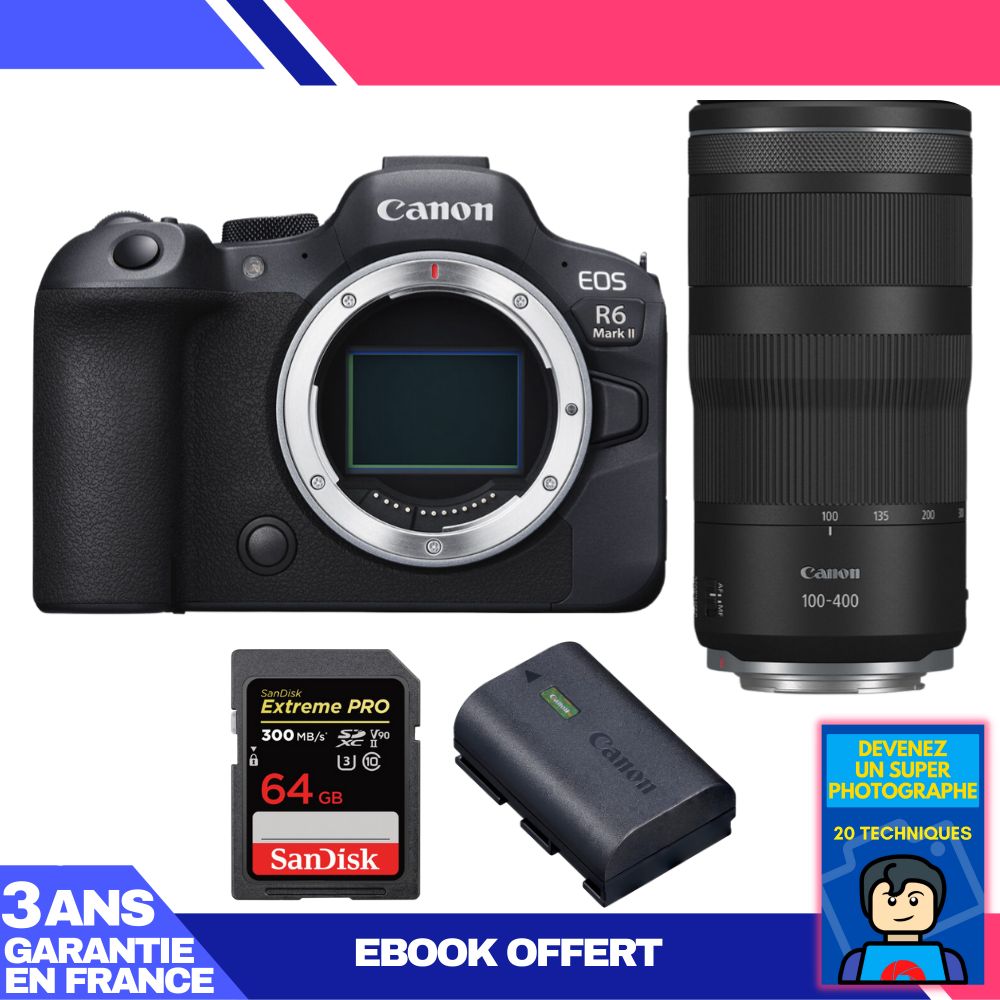 Canon EOS R6 Mark II + RF 100-400mm f/5.6-8 IS USM Lens + 1x 64GB SanDisk Extreme PRO UHS-II SDXC Card + 1x Canon LP-E6NH Battery + 'Become a Super Photographer' Ebook