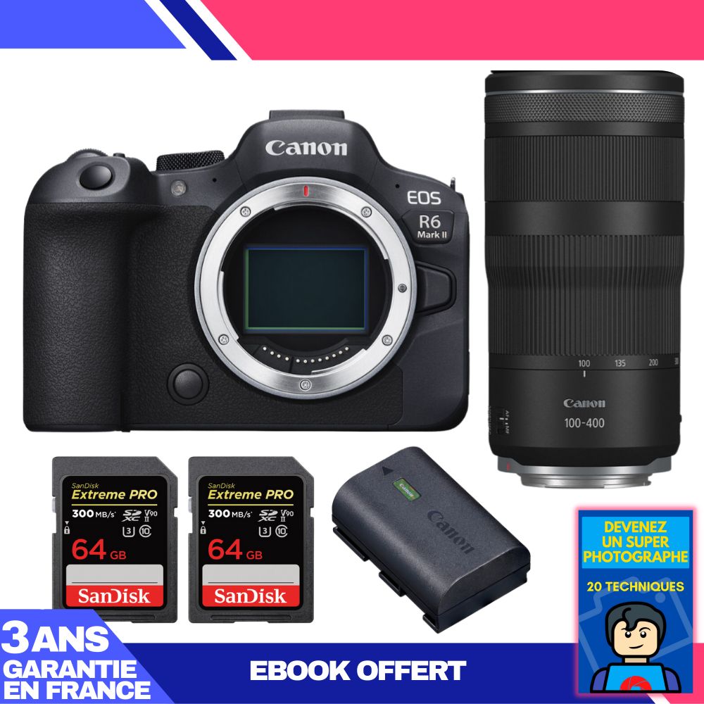 Canon EOS R6 Mark II + RF 100-400mm f/5.6-8 IS USM Lens + 2 SanDisk 64GB Extreme PRO UHS-II SDXC Cards + Canon LP-E6NH Battery + 'Become a Super Photographer' Ebook