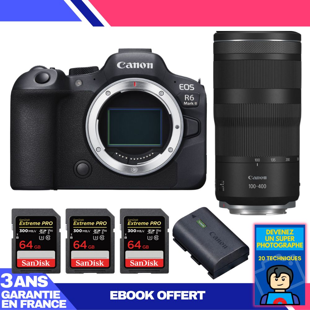 Canon EOS R6 Mark II + RF 100-400mm f/5.6-8 IS USM Lens + 3 SanDisk 64GB Extreme PRO UHS-II SDXC Cards + Canon LP-E6NH Battery + 'Become a Super Photographer' Ebook