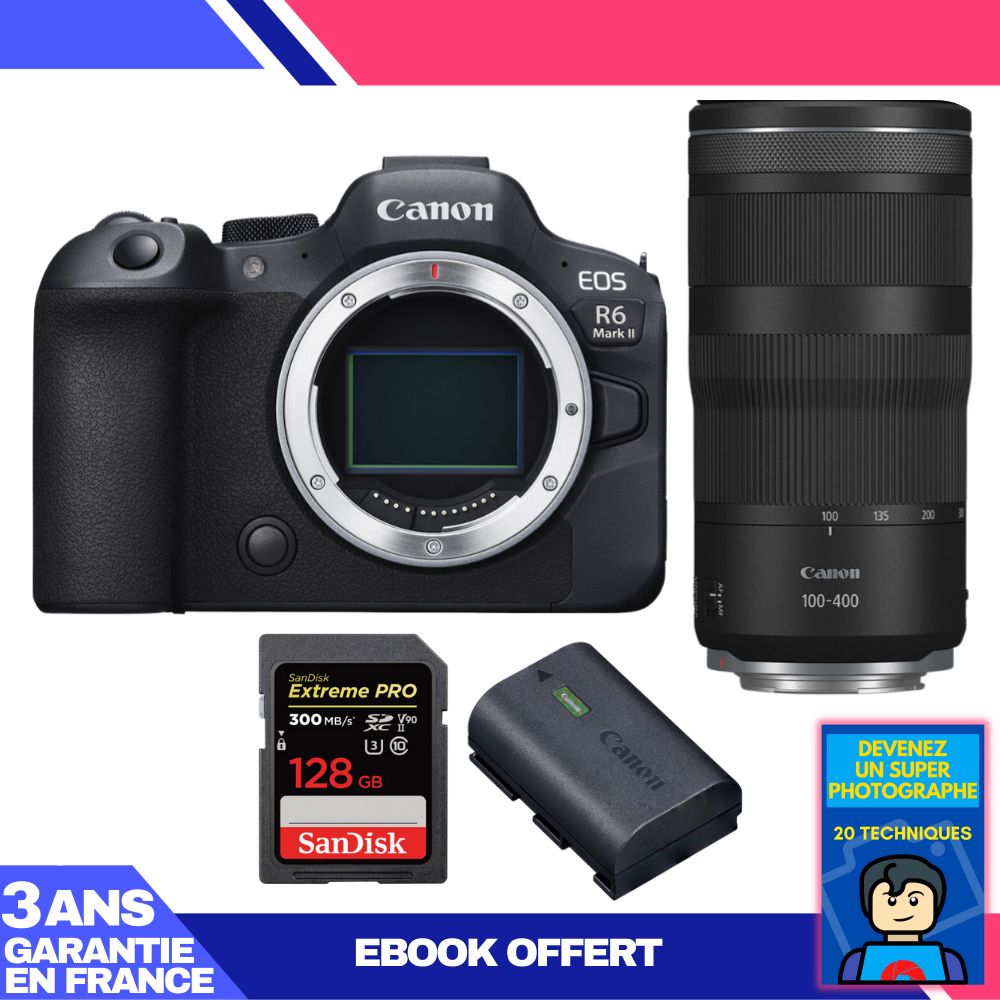 Canon EOS R6 Mark II Camera + RF 100-400mm f/5.6-8 IS USM Lens + 1 SanDisk 128GB Extreme PRO UHS-II SDXC Card + 1 Canon LP-E6NH Battery + Ebook 'Become a Super Photographer'