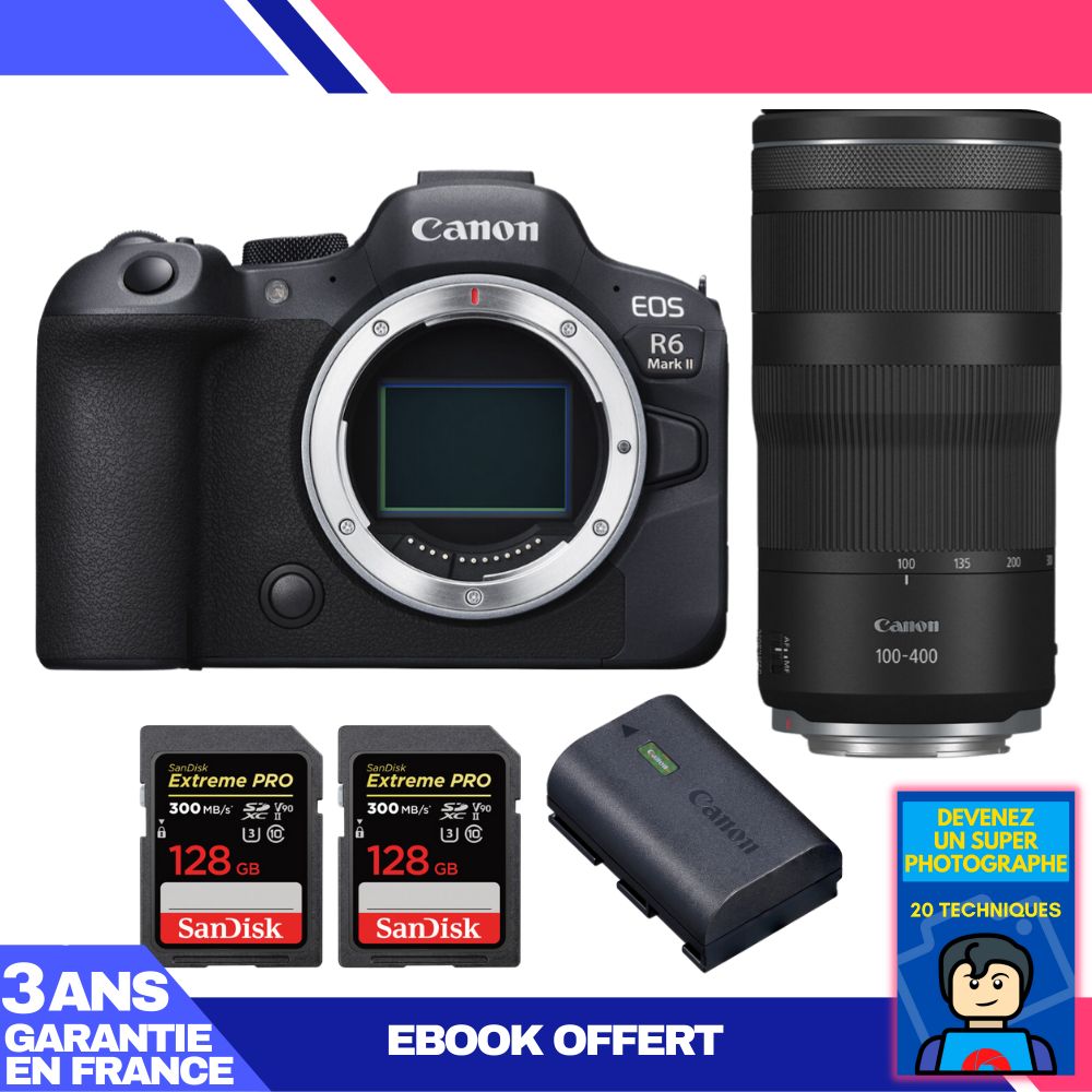 Canon EOS R6 Mark II + RF 100-400mm f/5.6-8 IS USM Lens + 2 SanDisk 128GB Extreme PRO UHS-II SDXC Cards + Canon LP-E6NH Battery + 'Become a Super Photographer' Ebook