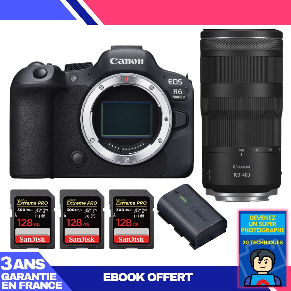 Canon EOS R6 Mark II + RF 100-400mm f/5.6-8 IS USM Lens + 3 SanDisk 128GB Extreme PRO UHS-II SDXC Cards + Canon LP-E6NH Battery + 'Become a Super Photographer' Ebook