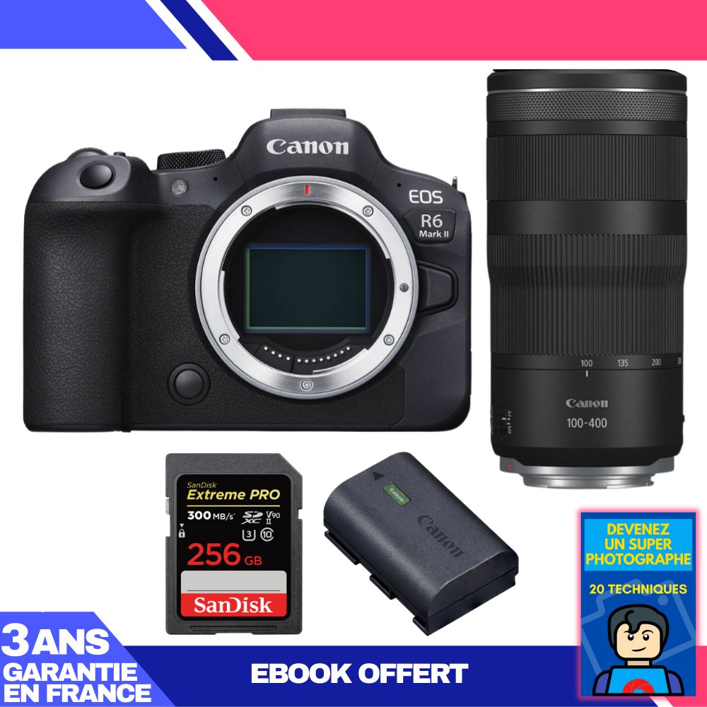 Canon EOS R6 Mark II + RF 100-400mm f/5.6-8 IS USM Lens + 2 SanDisk 256GB Extreme PRO UHS-II SDXC Cards + Canon LP-E6NH Battery + Ebook: Become a Super Photographer