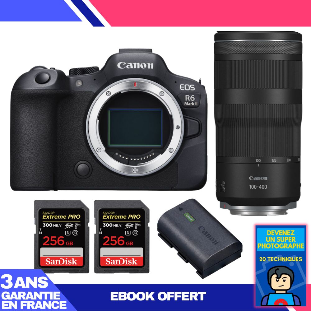Canon EOS R6 Mark II + RF 100-400mm f/5.6-8 IS USM Lens + 2 SanDisk 256GB Extreme PRO UHS-II SDXC Cards + Canon LP-E6NH Battery + 'Become a Super Photographer' Ebook