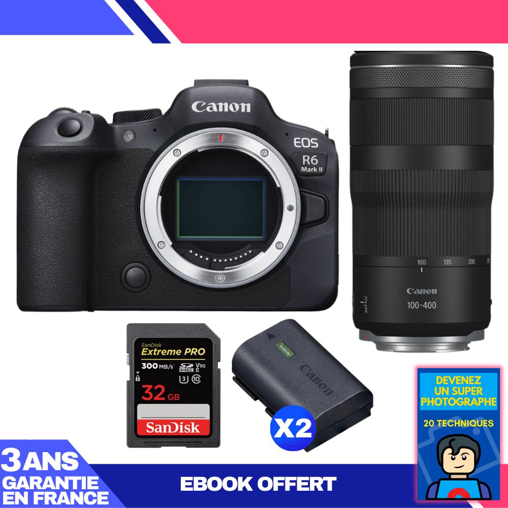 Canon EOS R6 Mark II + RF 100-400mm f/5.6-8 IS USM Lens + 1 SanDisk 32GB Extreme PRO UHS-II SDXC Card + 2 Canon LP-E6NH Batteries + 'Become a Super Photographer' Ebook