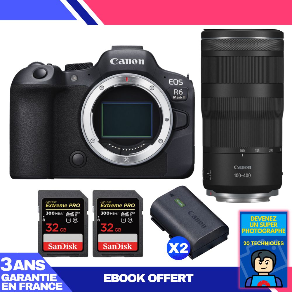Canon EOS R6 Mark II + RF 100-400mm f/5.6-8 IS USM Lens + 2x SanDisk 32GB Extreme PRO UHS-II SDXC Cards + 2x Canon LP-E6NH Batteries + 'Become a Super Photographer' Ebook