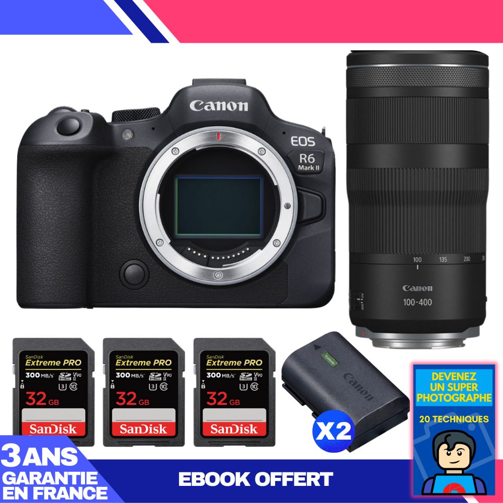 Canon EOS R6 Mark II + RF 100-400mm f/5.6-8 IS USM Lens + 3 SanDisk 32GB Extreme PRO UHS-II SDXC Cards + 2 Canon LP-E6NH Batteries + 'Become a Super Photographer' Ebook