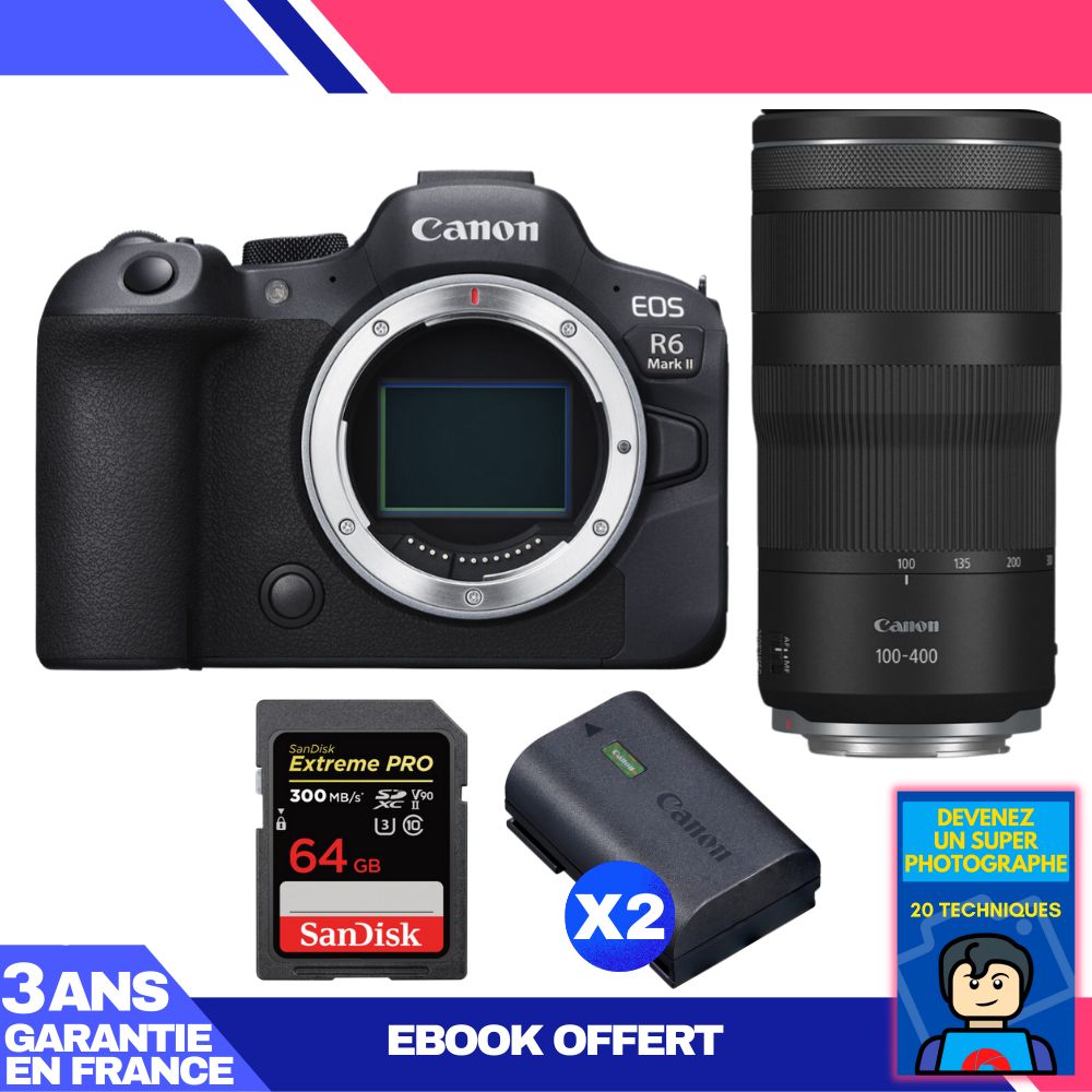 Canon EOS R6 Mark II + RF 100-400mm f/5.6-8 IS USM Lens + 1 SanDisk 64GB Extreme PRO UHS-II SDXC Card + 2 Canon LP-E6NH Batteries + 'Become a Super Photographer' Ebook