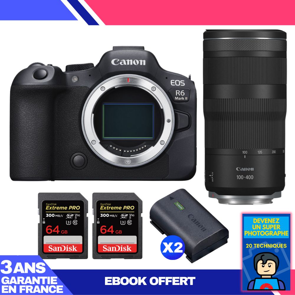 Canon EOS R6 Mark II + RF 100-400mm f/5.6-8 IS USM Lens + 2 SanDisk 64GB Extreme PRO UHS-II SDXC Cards + 2 Canon LP-E6NH Batteries + 'Become a Super Photographer' Ebook