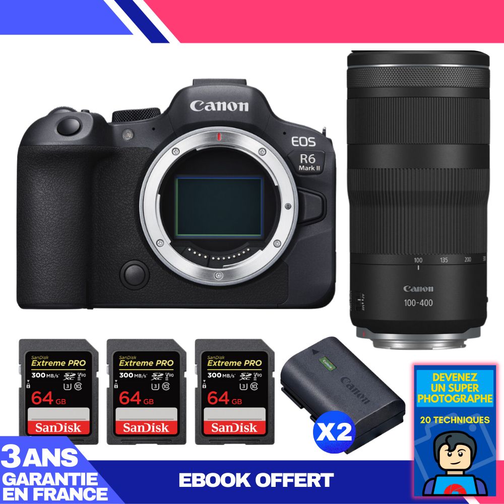 Canon EOS R6 Mark II + RF 100-400mm f/5.6-8 IS USM Lens + 3 SanDisk 64GB Extreme PRO UHS-II SDXC Cards + 2 Canon LP-E6NH Batteries + 'Become a Super Photographer' Ebook