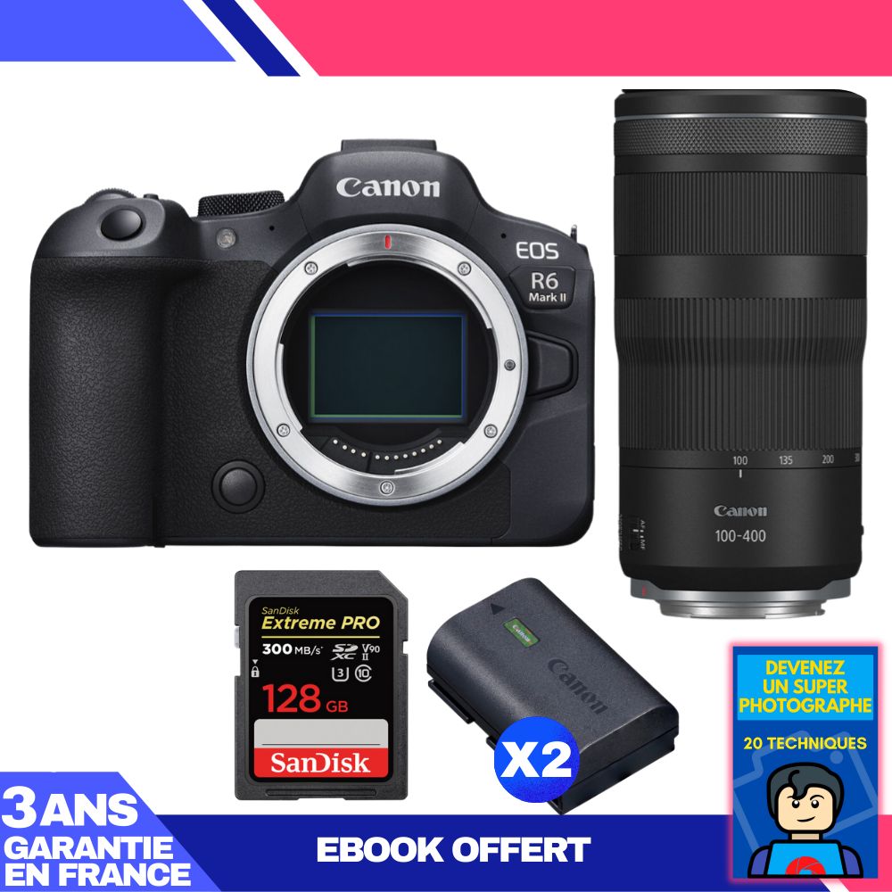Canon EOS R6 Mark II + RF 100-400mm f/5.6-8 IS USM Lens + 1 SanDisk 128GB Extreme PRO UHS-II SDXC Card + 2 Canon LP-E6NH Batteries + 'Become a Super Photographer' Ebook