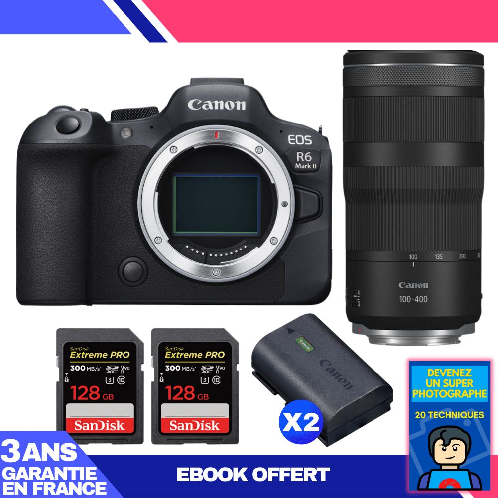 Canon EOS R6 Mark II + RF 100-400mm f/5.6-8 IS USM Lens + 2 SanDisk 128GB Extreme PRO UHS-II SDXC Cards + 2 Canon LP-E6NH Batteries + 'Become a Super Photographer' Ebook
