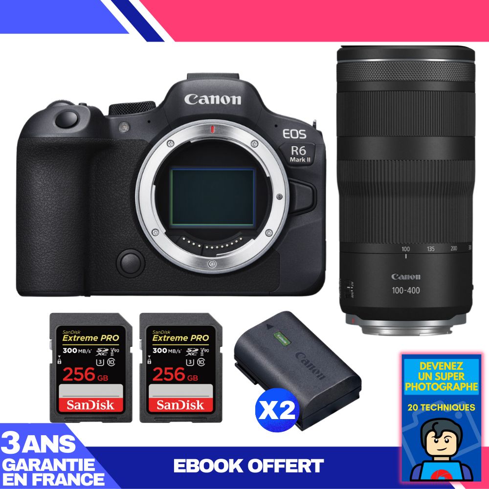 Canon EOS R6 Mark II + RF 100-400mm f/5.6-8 IS USM Lens + 2x 256GB SanDisk Extreme PRO UHS-II SDXC Cards + 2x Canon LP-E6NH Batteries + 'Become a Super Photographer' Ebook