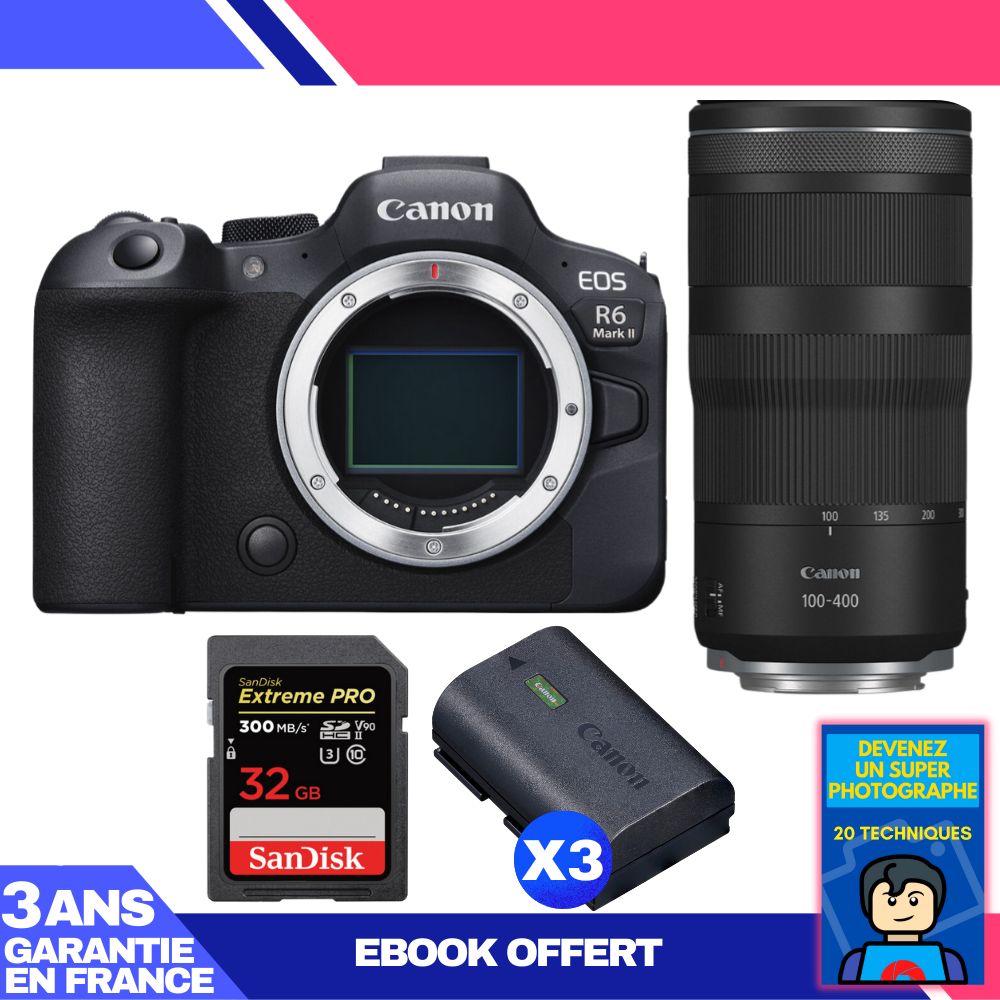 Canon EOS R6 Mark II + RF 100-400mm f/5.6-8 IS USM Lens + 1 SanDisk 32GB Extreme PRO UHS-II SDXC Memory Card + 3 Canon LP-E6NH Batteries + 'Become a Super Photographer' Ebook