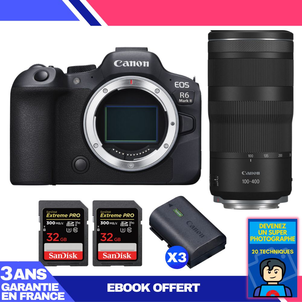 Canon EOS R6 Mark II + RF 100-400mm f/5.6-8 IS USM Lens + 2 SanDisk 32GB Extreme PRO UHS-II SDXC Cards + 3 Canon LP-E6NH Batteries + 'Become a Super Photographer' Ebook
