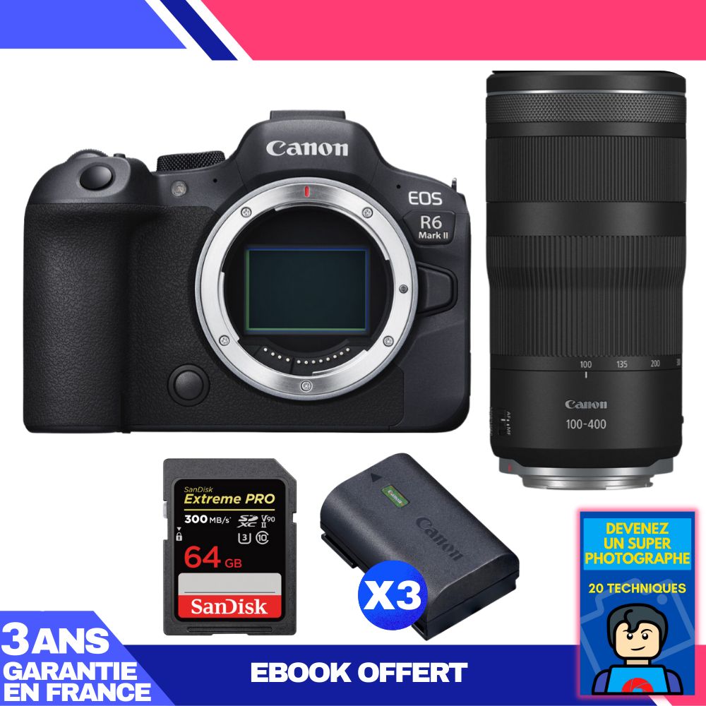 Canon EOS R6 Mark II + RF 100-400mm f/5.6-8 IS USM Lens + 1 SanDisk 64GB Extreme PRO UHS-II SDXC Card + 3 Canon LP-E6NH Batteries + 'Become a Super Photographer' Ebook