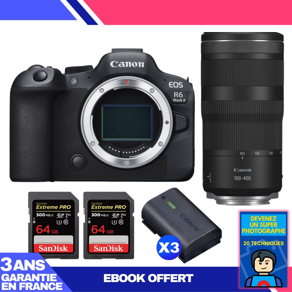 Canon EOS R6 Mark II + RF 100-400mm f/5.6-8 IS USM Lens + 2 SanDisk 64GB Extreme PRO UHS-II SDXC Cards + 3 Canon LP-E6NH Batteries + 'Become a Super Photographer' Ebook
