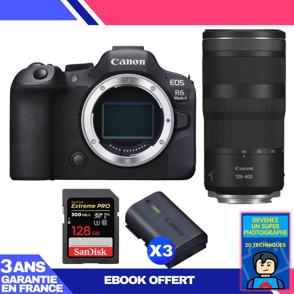 Canon EOS R6 Mark II + RF 100-400mm f/5.6-8 IS USM + SanDisk 128GB Extreme PRO UHS-II SDXC Card (300MB/s) + 3 Canon LP-E6NH + Ebook 'Devenez Un Super Photographe',