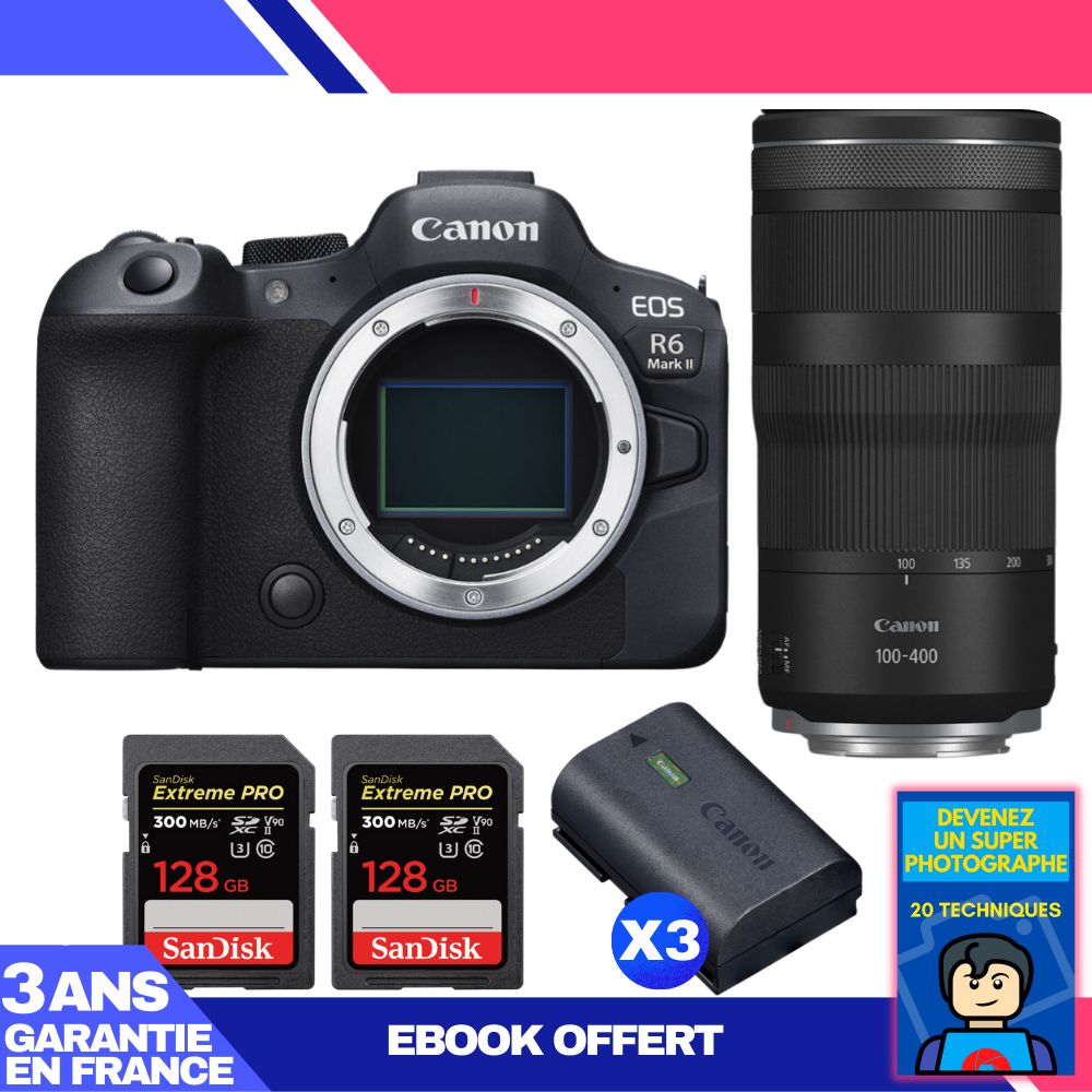 Canon EOS R6 Mark II + RF 100-400mm f/5.6-8 IS USM Lens + 2 SanDisk 128GB Extreme PRO UHS-II SDXC Cards + 3 Canon LP-E6NH Batteries + 'Devenez Un Super Photographe' Ebook