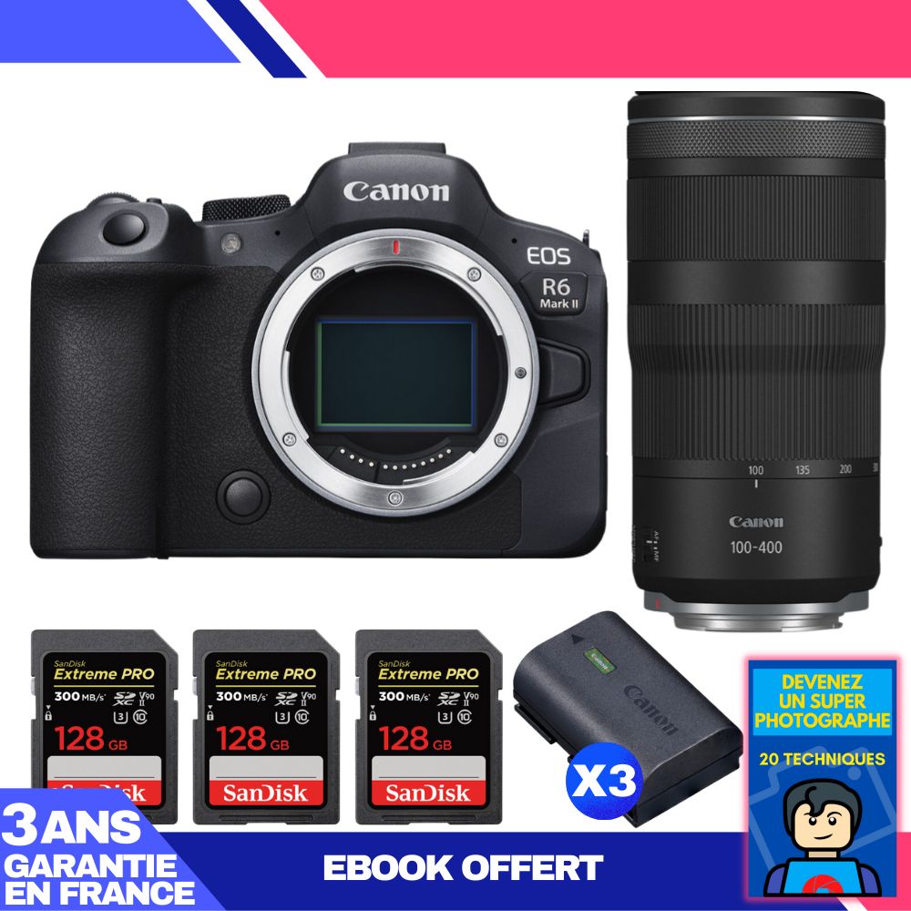 Canon EOS R6 Mark II + RF 100-400mm f/5.6-8 IS USM Lens + 3 SanDisk 128GB Extreme PRO UHS-II SDXC Cards + 3 Canon LP-E6NH Batteries + 'Become a Super Photographer' Ebook