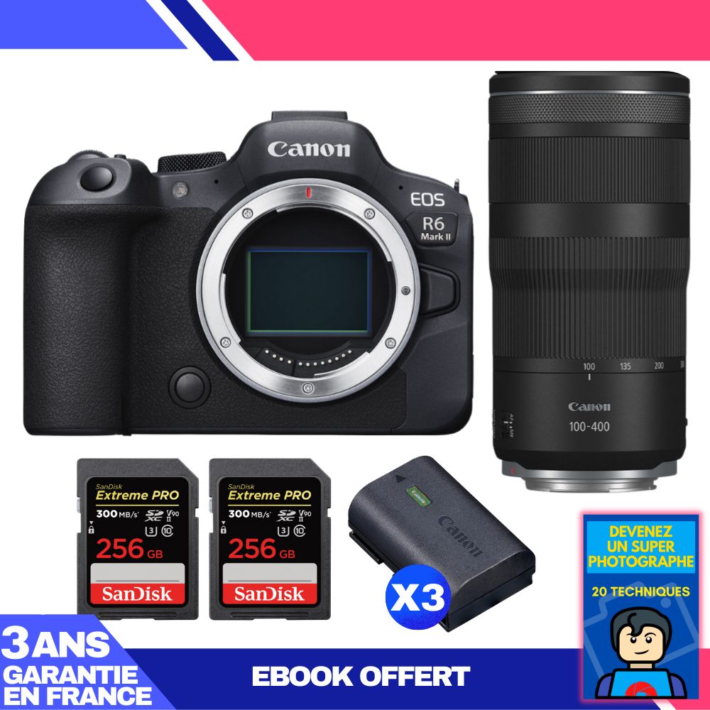 Canon EOS R6 Mark II + RF 100-400mm f/5.6-8 IS USM Lens + 2x SanDisk 256GB Extreme PRO UHS-II SDXC Cards + 3x Canon LP-E6NH Batteries + Ebook: Become a Super Photographer