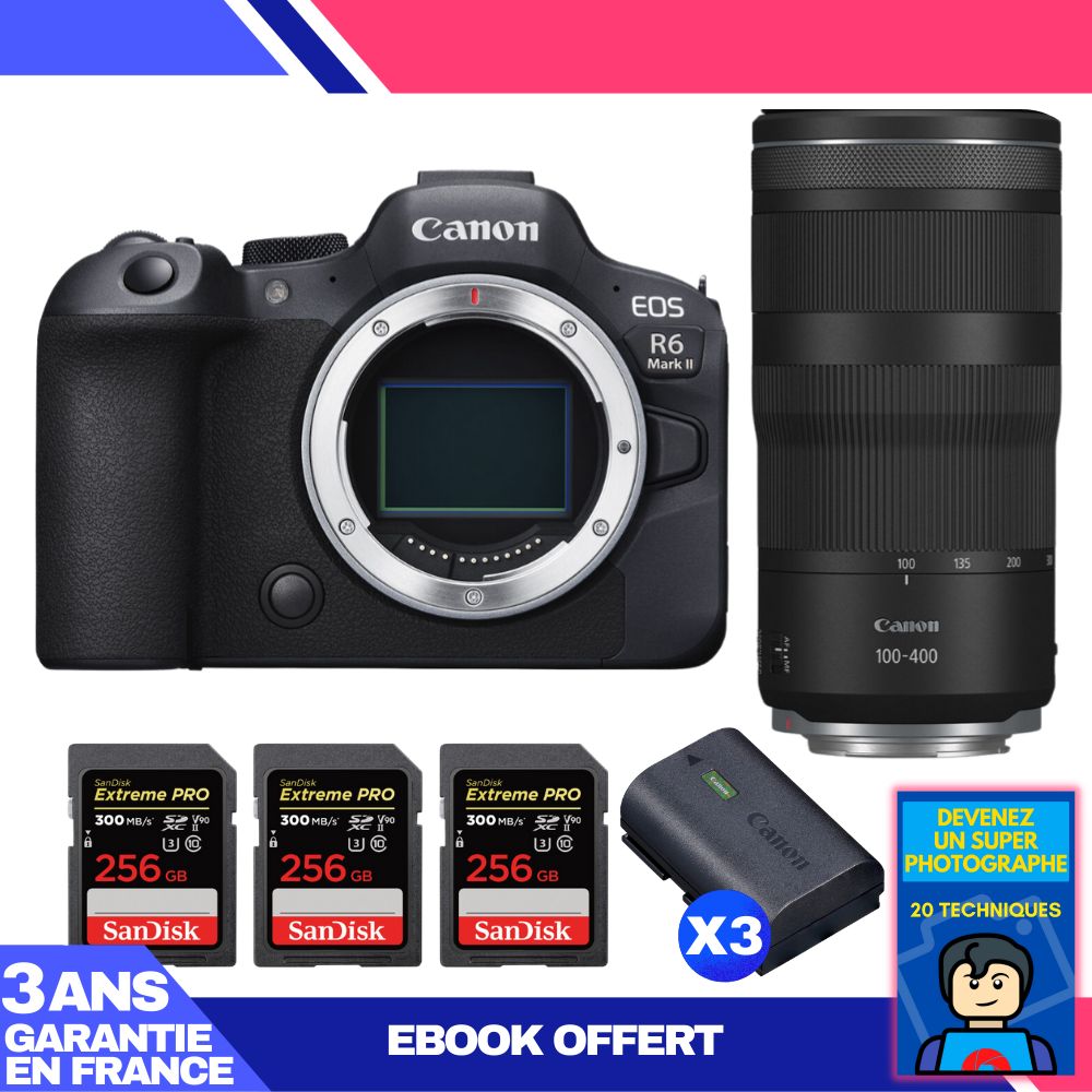 Canon EOS R6 Mark II + RF 100-400mm f/5.6-8 IS USM Lens + 3 SanDisk 256GB Extreme PRO UHS-II SDXC Cards + 3 Canon LP-E6NH Batteries + 'Become a Super Photographer' Ebook