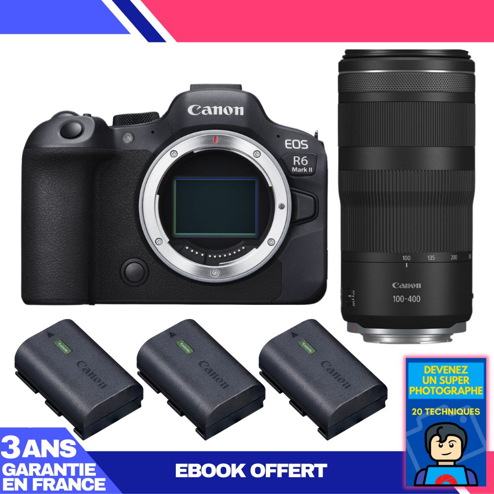 Canon EOS R6 Mark II + RF 100-400mm f/5.6-8 IS USM + 3 LP-E6NH Batteries + 'Devenez Un Super Photographe' Ebook