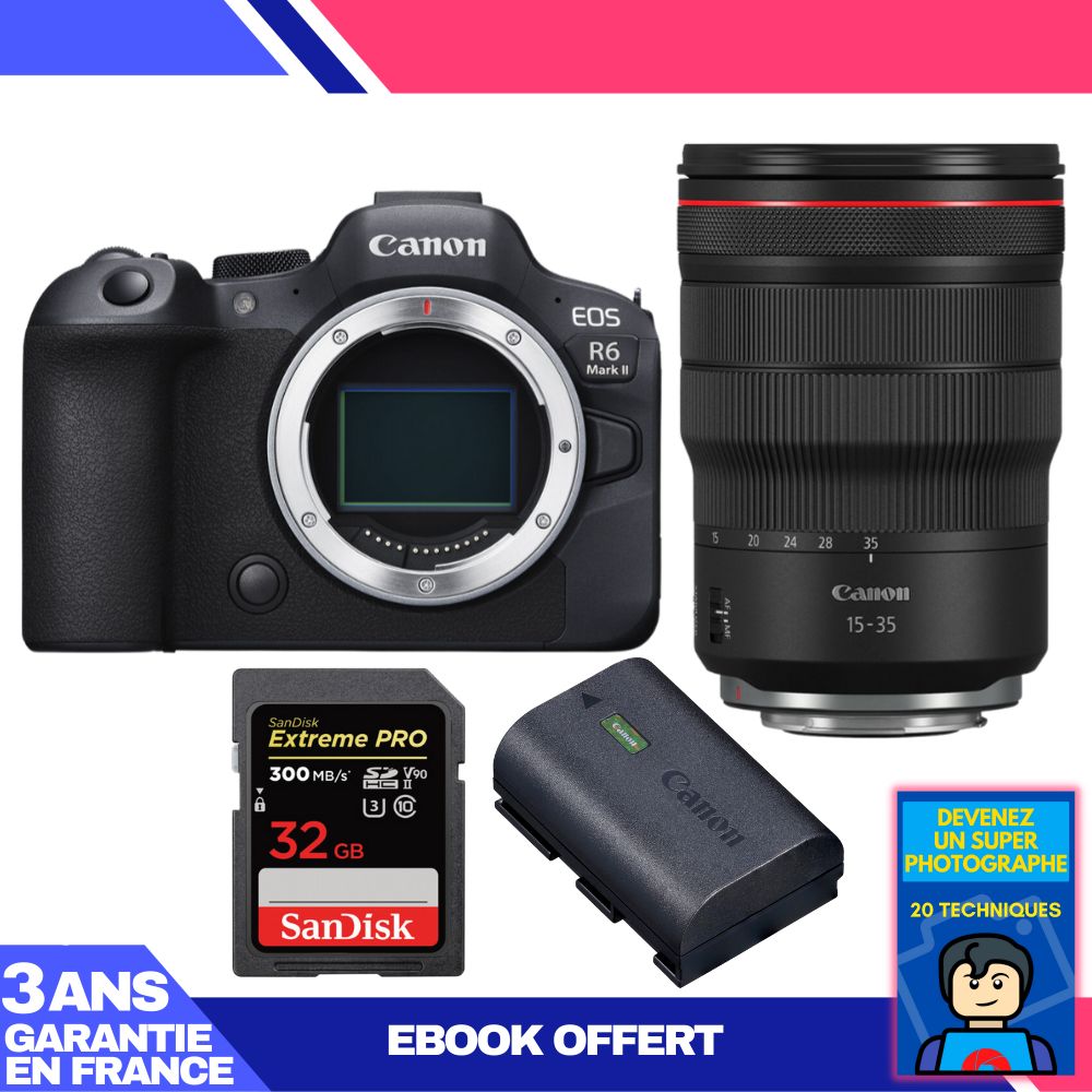 Canon EOS R6 Mark II + RF 15-35mm f/2.8 L IS USM Lens + 1 SanDisk 32GB Extreme PRO UHS-II SDXC Card + 1 Canon LP-E6NH Battery + 'Devenez Un Super Photographe Ebook