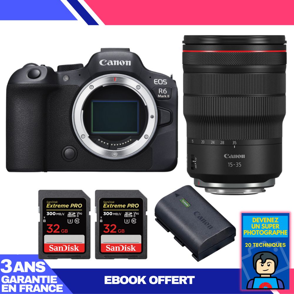 Canon EOS R6 Mark II + RF 15-35mm f/2.8 L IS USM Lens + 2 SanDisk 32GB Extreme PRO UHS-II SDXC Cards + Canon LP-E6NH Battery + 'Become a Super Photographer' Ebook