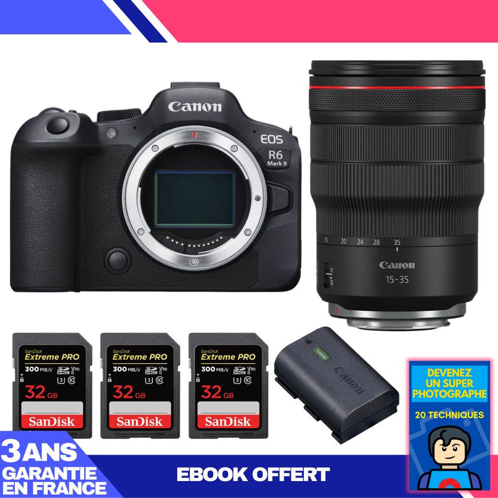 Canon EOS R6 Mark II + RF 15-35mm f/2.8 L IS USM Lens + 3 SanDisk 32GB Extreme PRO UHS-II SDXC Cards + Canon LP-E6NH Battery + 'Become a Super Photographer' Ebook