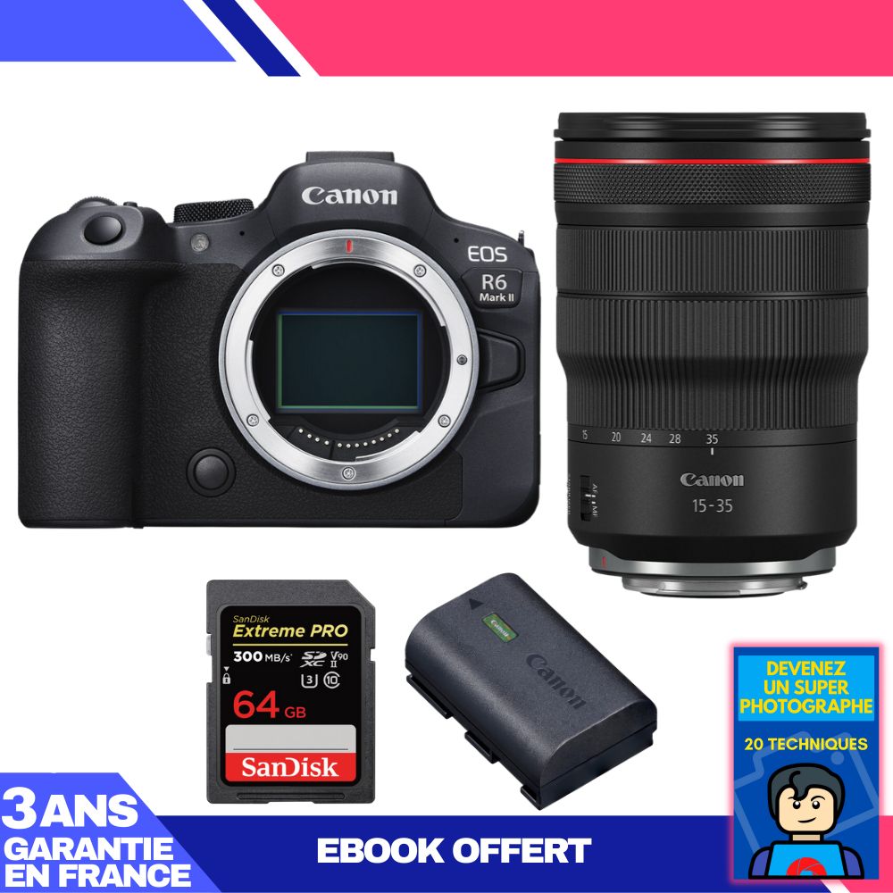 Canon EOS R6 Mark II Kit with RF 15-35mm f/2.8 L IS USM and 2 SanDisk 64GB Extreme PRO UHS-II SDXC 300MB/s Cards