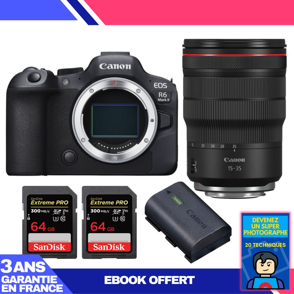 Canon EOS R6 Mark II Camera + RF 15-35mm f/2.8 L IS USM Lens + 2 SanDisk 64GB Extreme PRO UHS-II SDXC Cards + Canon LP-E6NH Battery + 'Become a Super Photographer' Ebook
