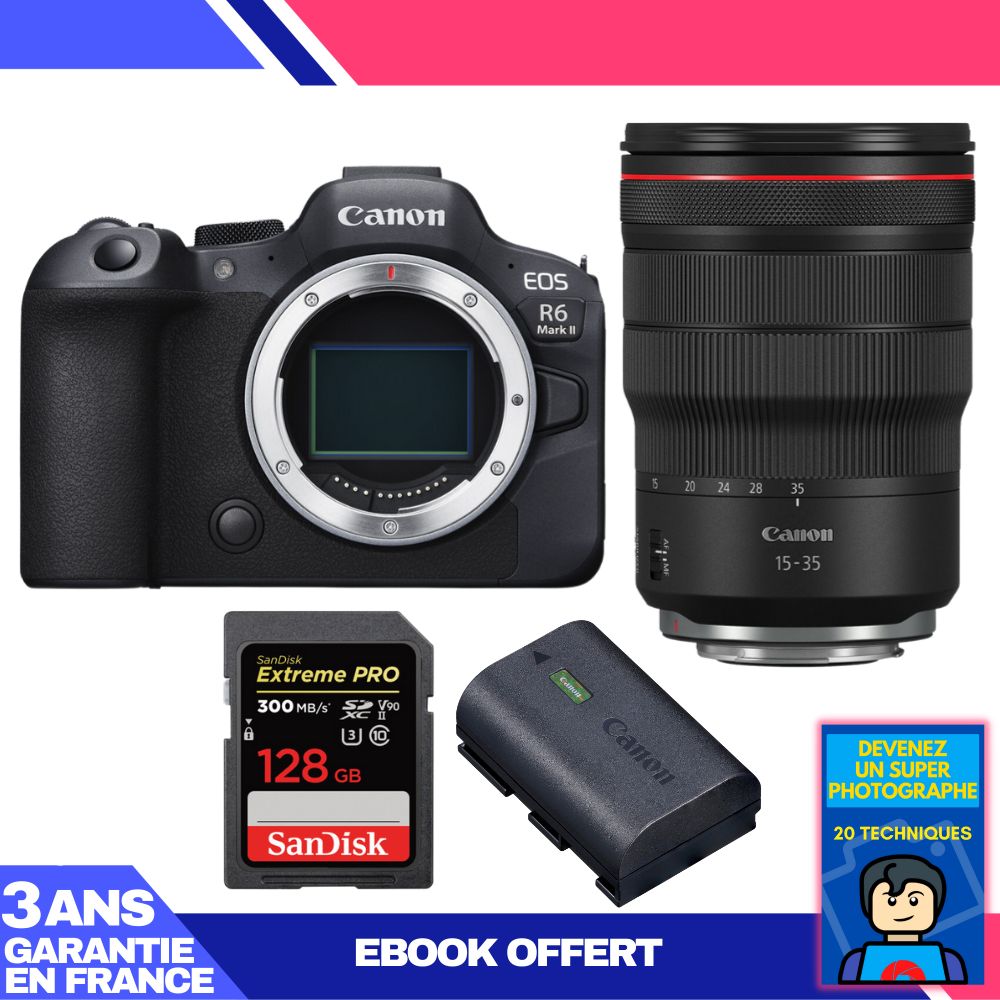 Canon EOS R6 Mark II + RF 15-35mm f/2.8 L IS USM + 1x SanDisk 128GB Extreme PRO UHS-II SDXC 300MB/s + 1x Canon LP-E6NH + Ebook 'Devenez Un Super Photographe'