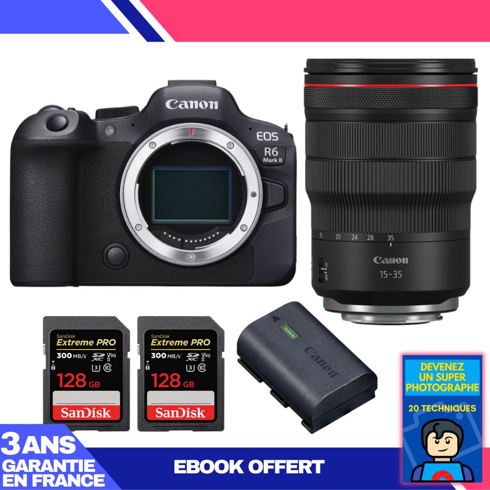 Canon EOS R6 Mark II + RF 15-35mm f/2.8 L IS USM + 2 SanDisk 128GB Extreme PRO UHS-II SDXC + Canon LP-E6NH