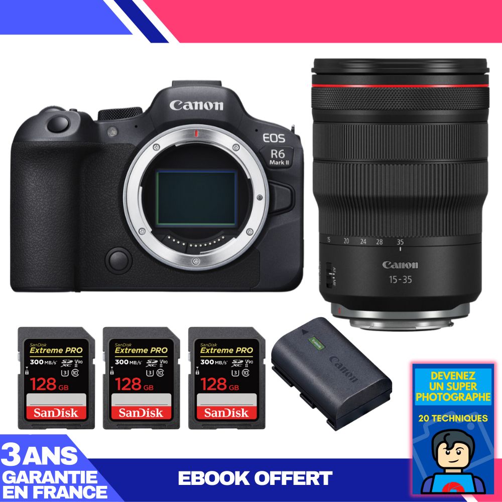Canon EOS R6 Mark II + RF 15-35mm f/2.8 L IS USM + 3 SanDisk 128GB Extreme PRO UHS-II SDXC Cards + Canon LP-E6NH Battery + 'Become a Super Photographer' Ebook