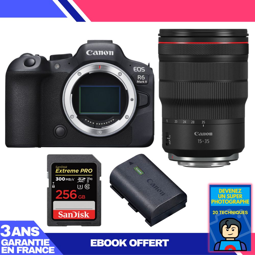 Canon EOS R6 Mark II + RF 15-35mm f/2.8 L IS USM Lens + 256GB SanDisk Extreme PRO SDXC Card + Canon LP-E6NH Battery + 'Become a Super Photographer' Ebook