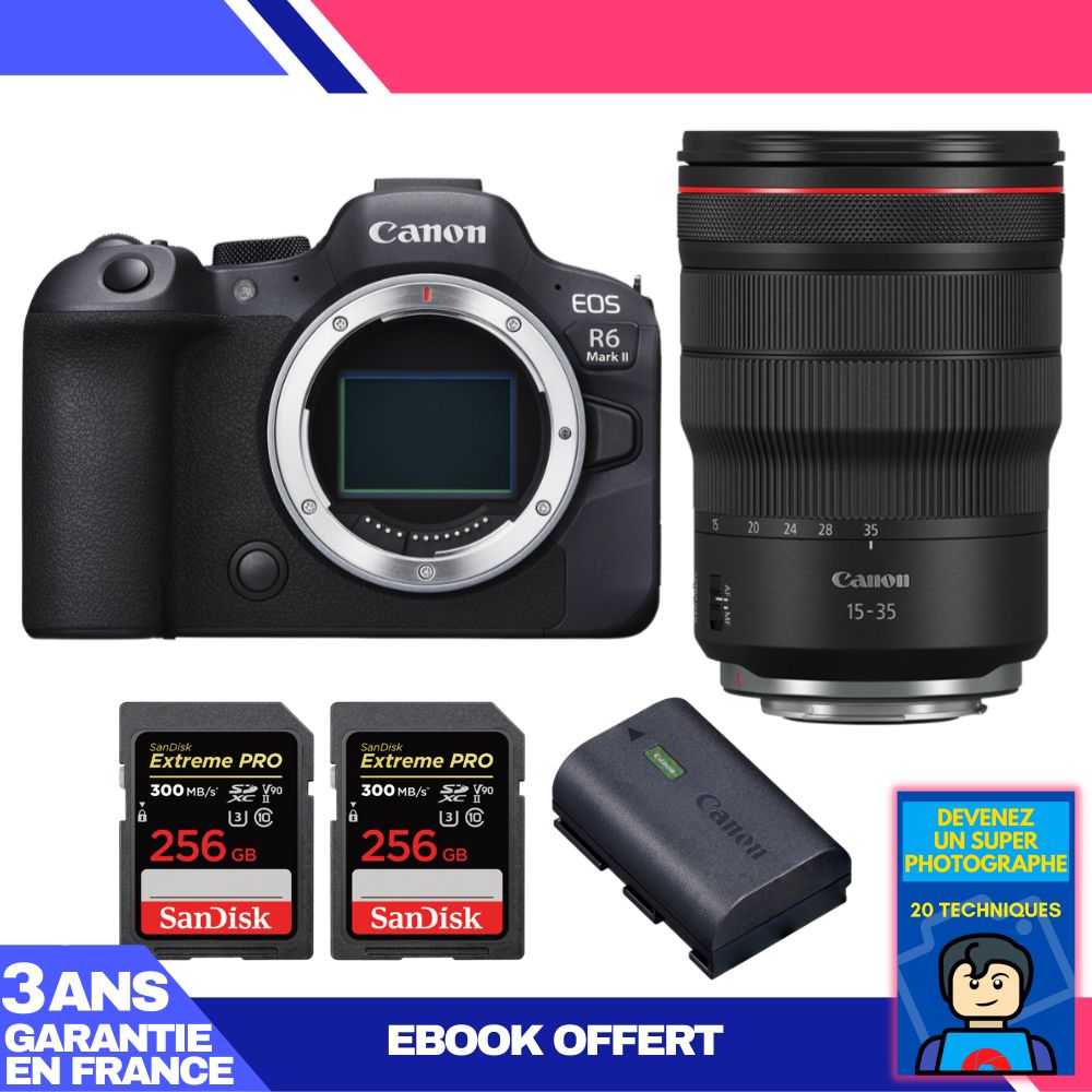 Canon EOS R6 Mark II Camera Kit with RF 15-35mm f/2.8 L IS USM Lens + 2 SanDisk 256GB Extreme PRO UHS-II SDXC Cards + Canon LP-E6NH Battery + 'Become a Super Photographer' Ebook