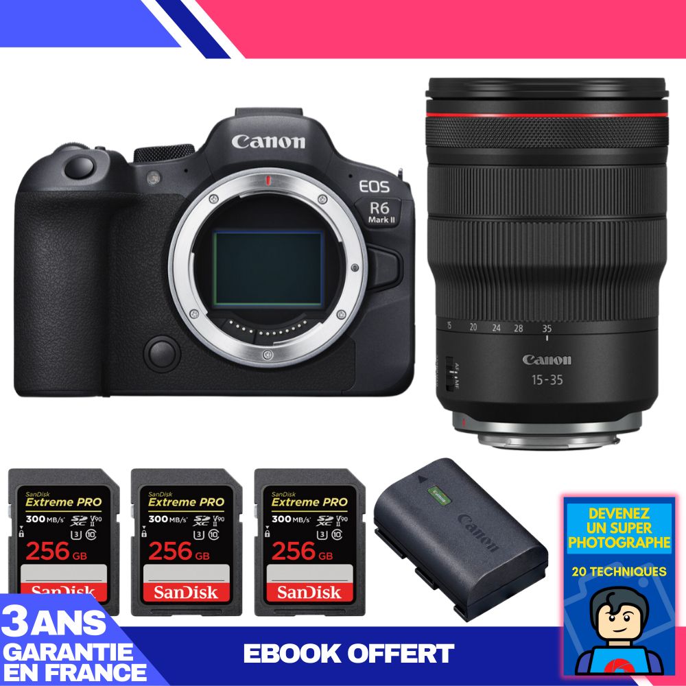 Canon EOS R6 Mark II Kit with RF 15-35mm f/2.8 L IS USM and 3x SanDisk 256GB Extreme PRO UHS-II SDXC Cards + Canon LP-E6NH + Ebook 'Become a Super Photographer'