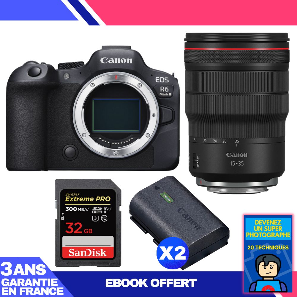 Canon EOS R6 Mark II Camera + RF 15-35mm f/2.8 L IS USM Lens + 1 SanDisk 32GB Extreme PRO UHS-II SDXC Card + 2 Canon LP-E6NH Batteries + 'Become a Super Photographer' Ebook