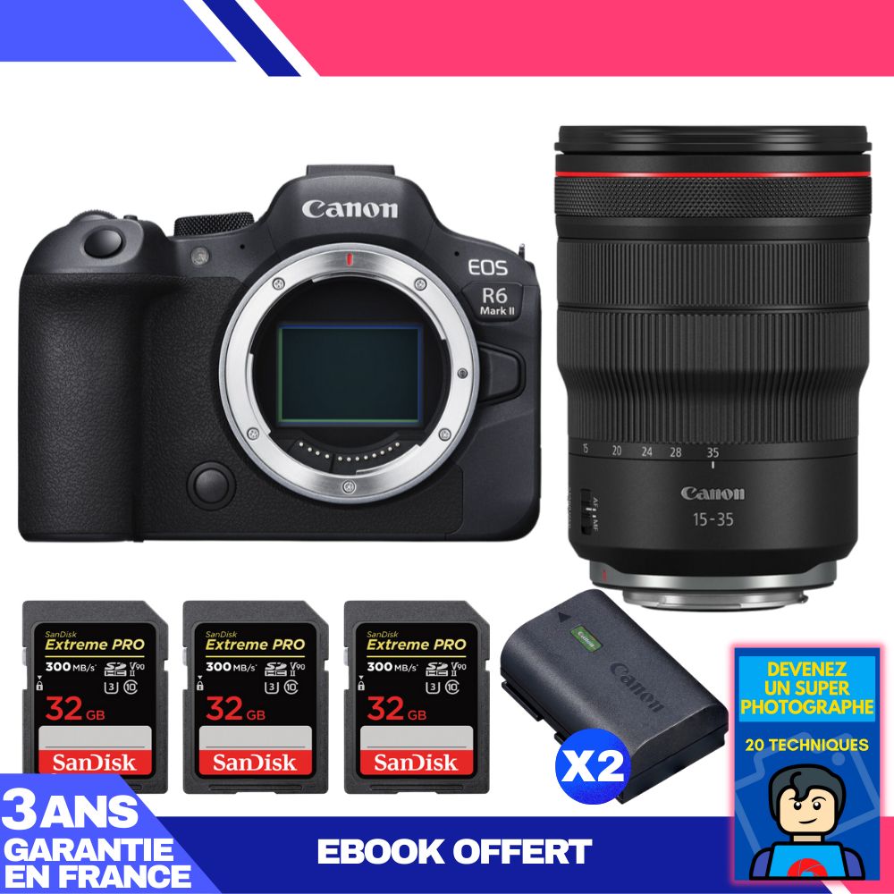 Canon EOS R6 Mark II + RF 15-35mm f/2.8 L IS USM Lens + 3 SanDisk 32GB Extreme PRO UHS-II SDXC Cards + 2 Canon LP-E6NH Batteries + 'Become a Super Photographer' Ebook
