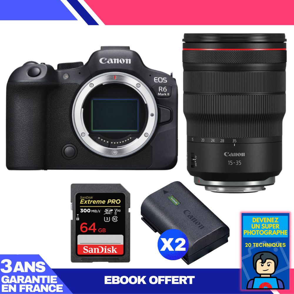 Canon EOS R6 Mark II + RF 15-35mm f/2.8 L IS USM + 1 SanDisk 64GB Extreme PRO UHS-II SDXC Card + 2 Canon LP-E6NH + Ebook 'Devenez Un Super Photographe',