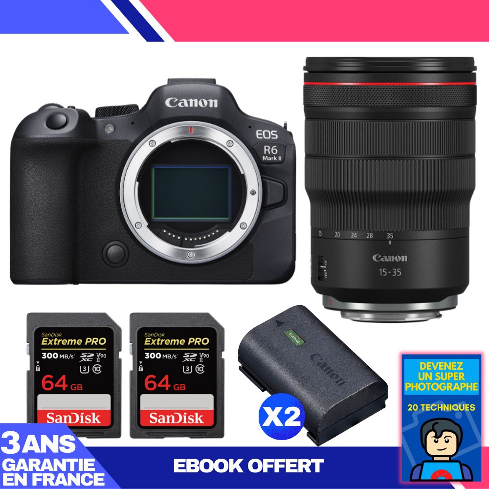 Canon EOS R6 Mark II + RF 15-35mm f/2.8 L IS USM + 2 SanDisk 64GB Extreme PRO UHS-II SDXC 300 MB/s + 2 Canon LP-E6NH + Ebook 'Devenez Un Super Photographe