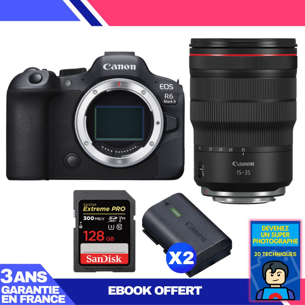 Canon EOS R6 Mark II Camera Kit with RF 15-35mm f/2.8 L IS USM Lens + 1 SanDisk 128GB Extreme PRO UHS-II SDXC Card + 2 Canon LP-E6NH Batteries + Ebook 'Become a Super Photographer'