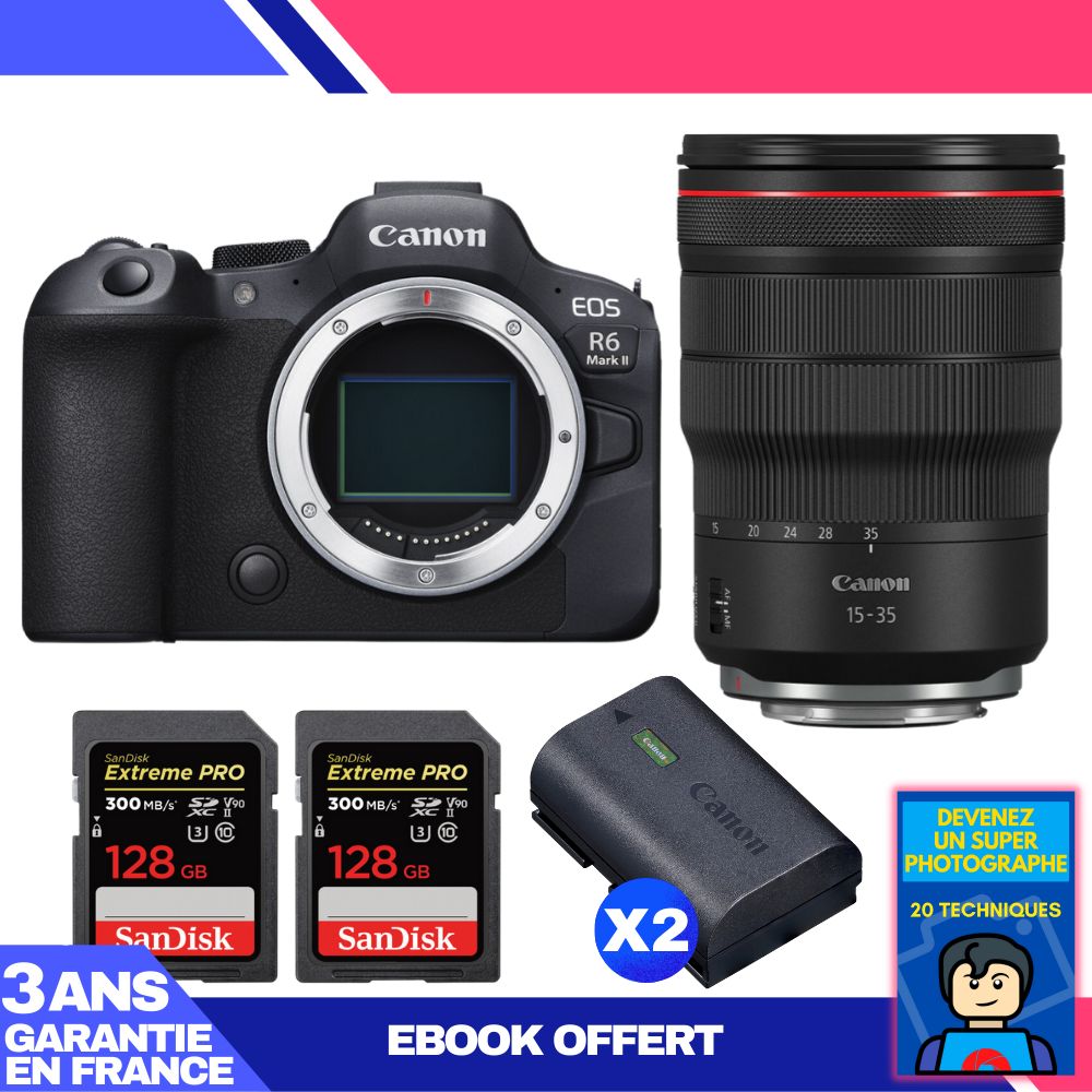 Canon EOS R6 Mark II + RF 15-35mm f/2.8 L IS USM + 2x SanDisk 128GB Extreme PRO UHS-II SDXC + 2x Canon LP-E6NH
