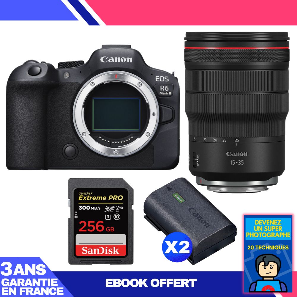 Canon EOS R6 Mark II + RF 15-35mm f/2.8 L IS USM Lens + 1 SanDisk 256GB Extreme PRO UHS-II SDXC Card + 2 Canon LP-E6NH Batteries + Ebook 'Devenez Un Super Photographe'