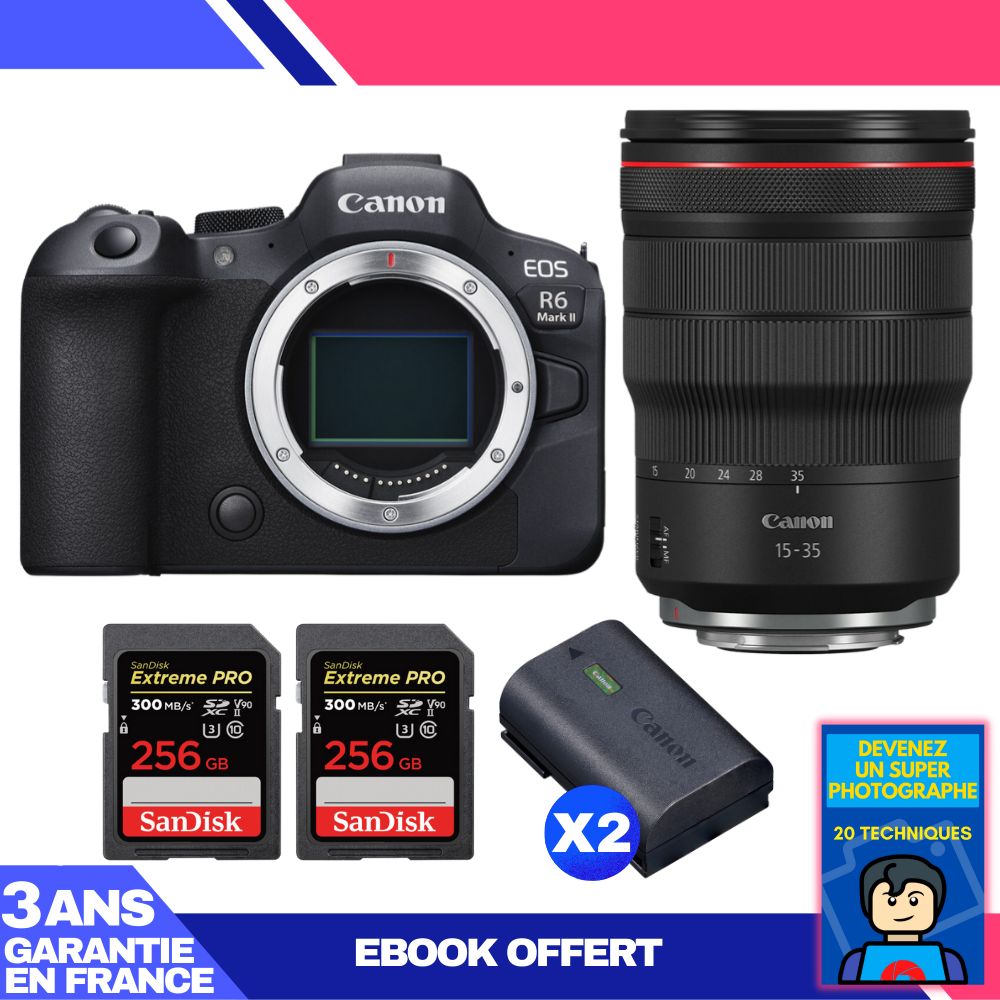 Canon EOS R6 Mark II Kit with RF 15-35mm f/2.8 L IS USM + 2 SanDisk 256GB Extreme PRO UHS-II SDXC 300MB/s Cards + 2 Canon LP-E6NH